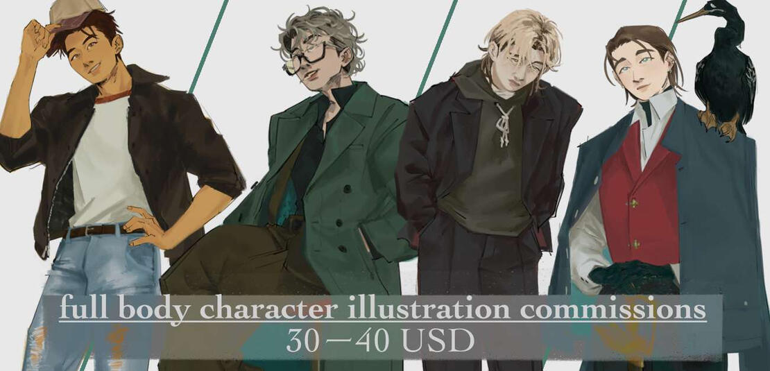 full body character illustration commissions. fully rendered with plain background starting from 30 USD/