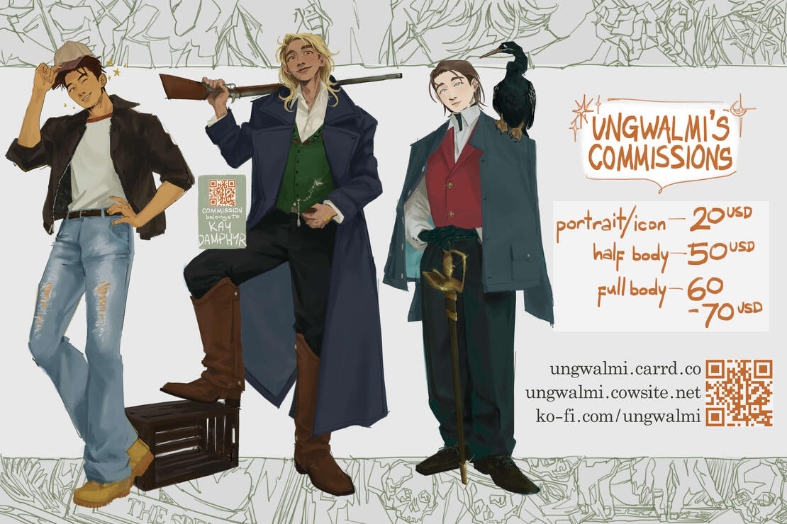 Half or full body character illustration commissions. Fully rendered with plain background starting from 50 USD.