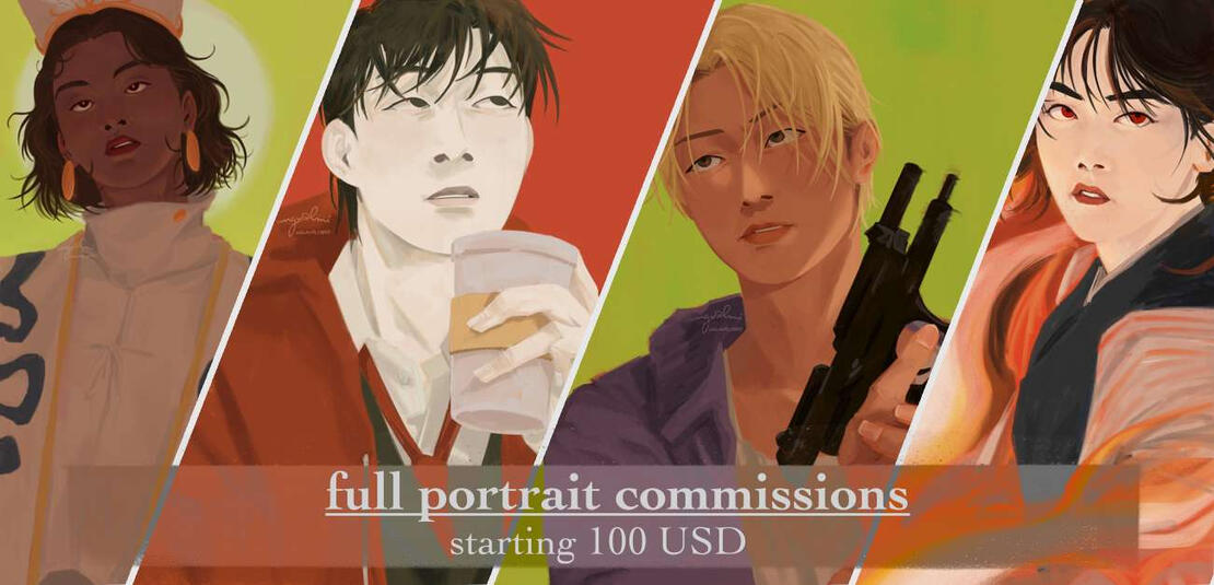 Simple portrait commissions. Fully rendered with plain background starting from 100 USD.